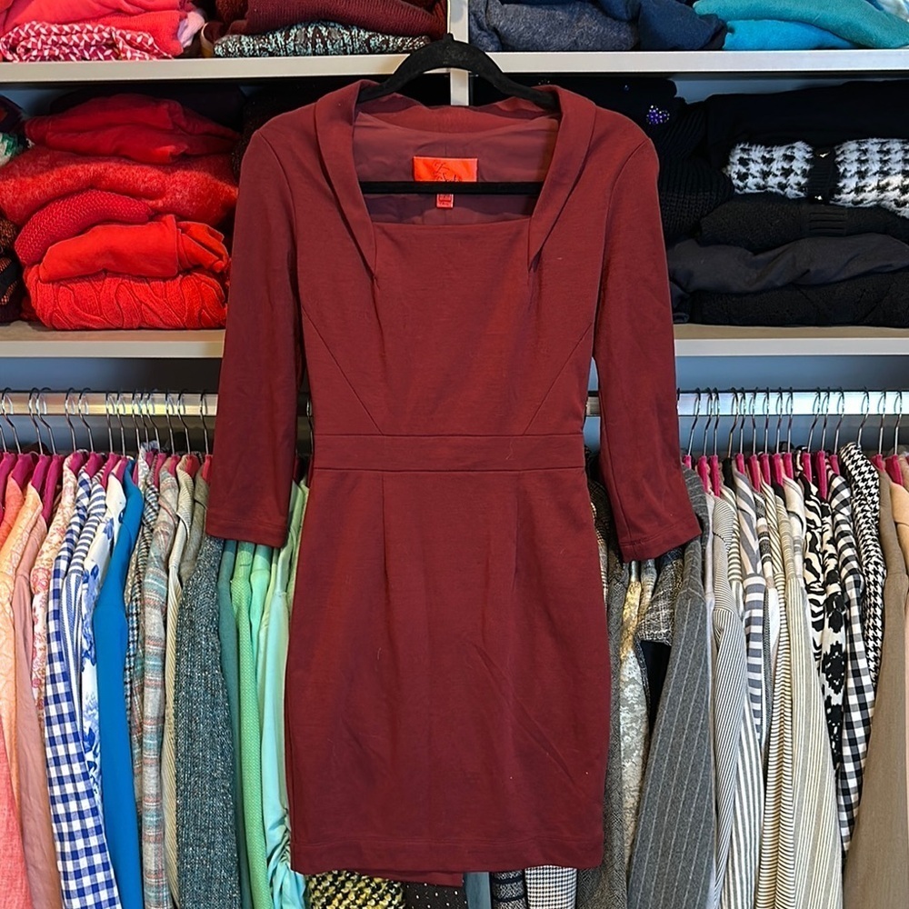 L Spoke by Zac Posen burgundy 3/4 sleeve square neckline dress size 2